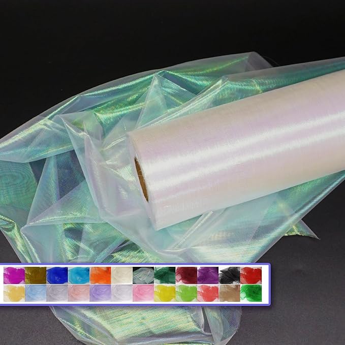 Organza Fabric Tulle Rolls 12 Inch 50 Yards (150 feet) Crystal Sheer Silky Shiny Netting Spool Bolt for DIY Craft Table Runner Wedding Baby Shower Decor Gift Wrapping Party Supplies (Iridescent White)