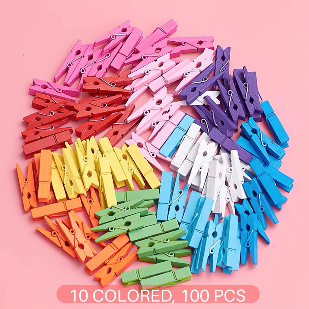 Clothespins, Small Clothes Pins for Photos, 1.4'' 100 PCS Natural Birchwood Mini Clothes Pins, Strong Springs Colorful Clothespins with Storage Bag, Mini Clothespins for Photos, Crafts, Pictures, Art
