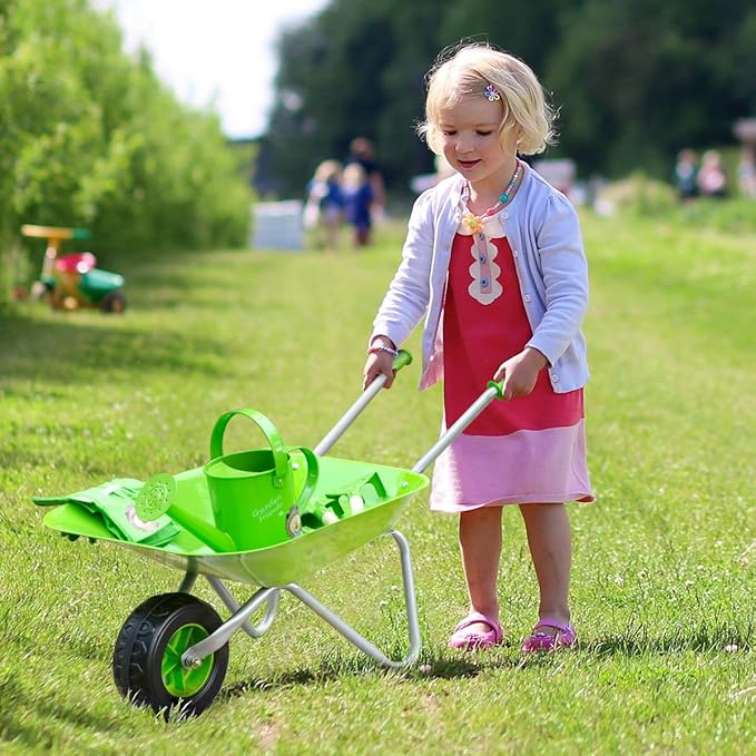 Kids Wheelbarrow Set Metal, Child Wheel Barrel Green Easy to Assemble and Kids Gardening Tools Kit, Garden Toys with Small Wheel Barrow, Outdoor Indoor Toys Gift for Children