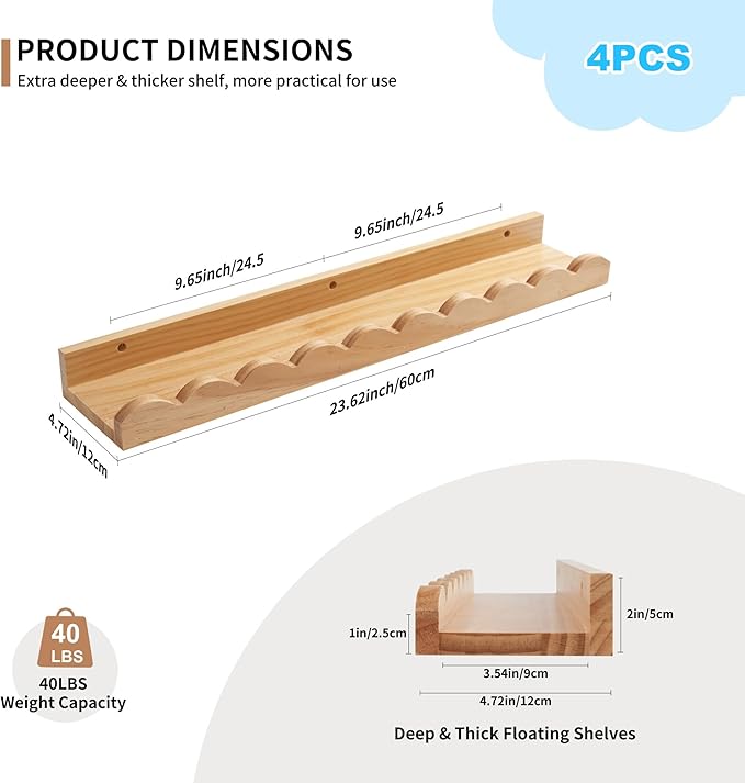 Scalloped Baby Book Shelf,Floating Shelves for Wall Set of 4 Natural Solid Pine Wood Nursery Bookshelves with Wave Lip for Bedroom Kids, Toddler Room, Baby Room, Nursery Decor(Natural,60cm)