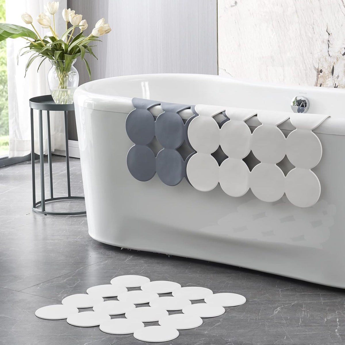 Square Shower Mat Nonslip - Rubber Bathtub Mat with Suction Cups for Inside Shower Bathroom Floor (White, 21X21”)