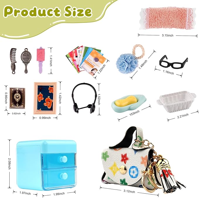 87Pcs Dollhouse Miniature Bathroom Accessories Cosmetic & Toilet Pretend Play Mini Makeup Set with Shampoo Perfume Hair Dryer Comb Purse Decor DIY Doll Backpack Glasses Photo Frame Salon Spa