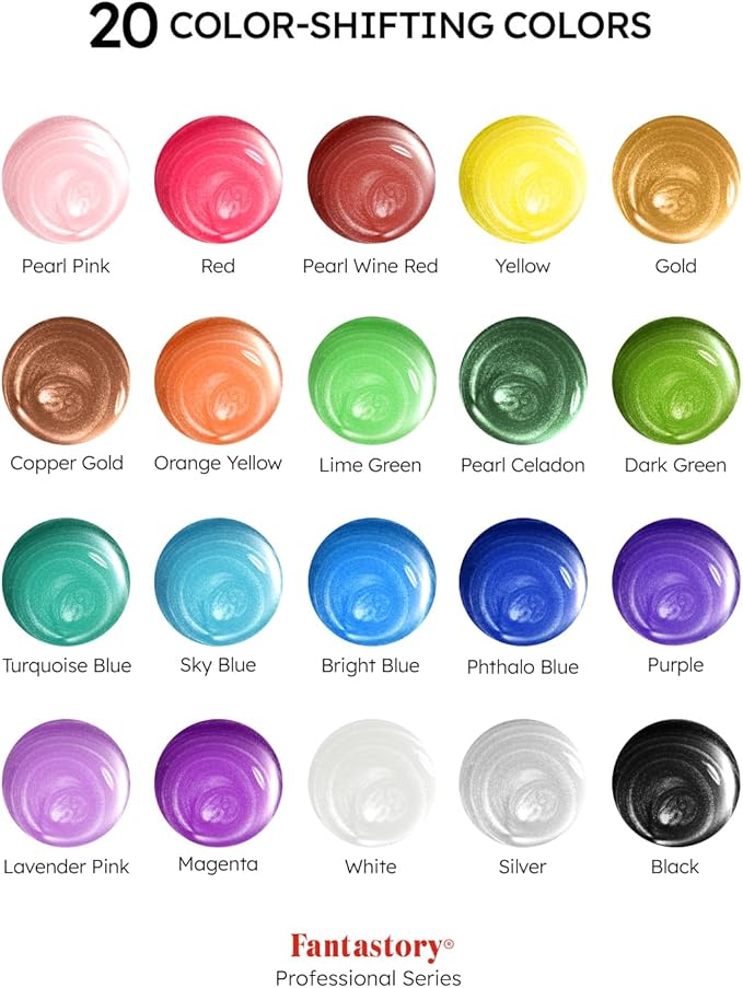 Fantastory Metallic Iridescent Acrylic Paint Set with 12 Brushes, 20 x 2oz Metallic Colors, Color-Shifting, Craft Paint Kit, Metal/Canvas/Rock/Stone/Ceramic/Model/Wood Painting [Professional Series]