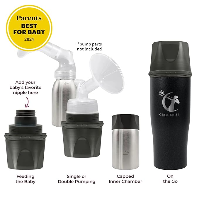 CERES CHILL Mini Breastmilk Chiller Demigoddess, Up to 12 oz. Reusable Storage Container, Keeps Milk at Safe Temperatures for Up to 16 Hours, Bottle Cooler, Connects w/Most Pumps (Shimmering Black)