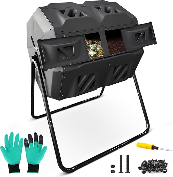 Compost Bin, 43 Gallon Dual Chamber Composter Tumbler Outdoor with 2 Sliding Door and Aeration System, BPA-Free Large Rotating Composting Bin for Garden, Kitchen, and Yard Waste, Black