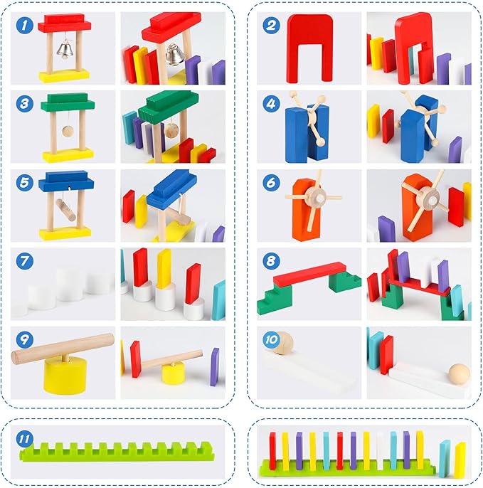 1000 PCS Dominoes Set for Kids with Extra 11 Blocks, Wooden Building Blocks 10 Colors Dominoes Racing Tile Games Educational Toy for Kids Birthday Party with Storage Bag