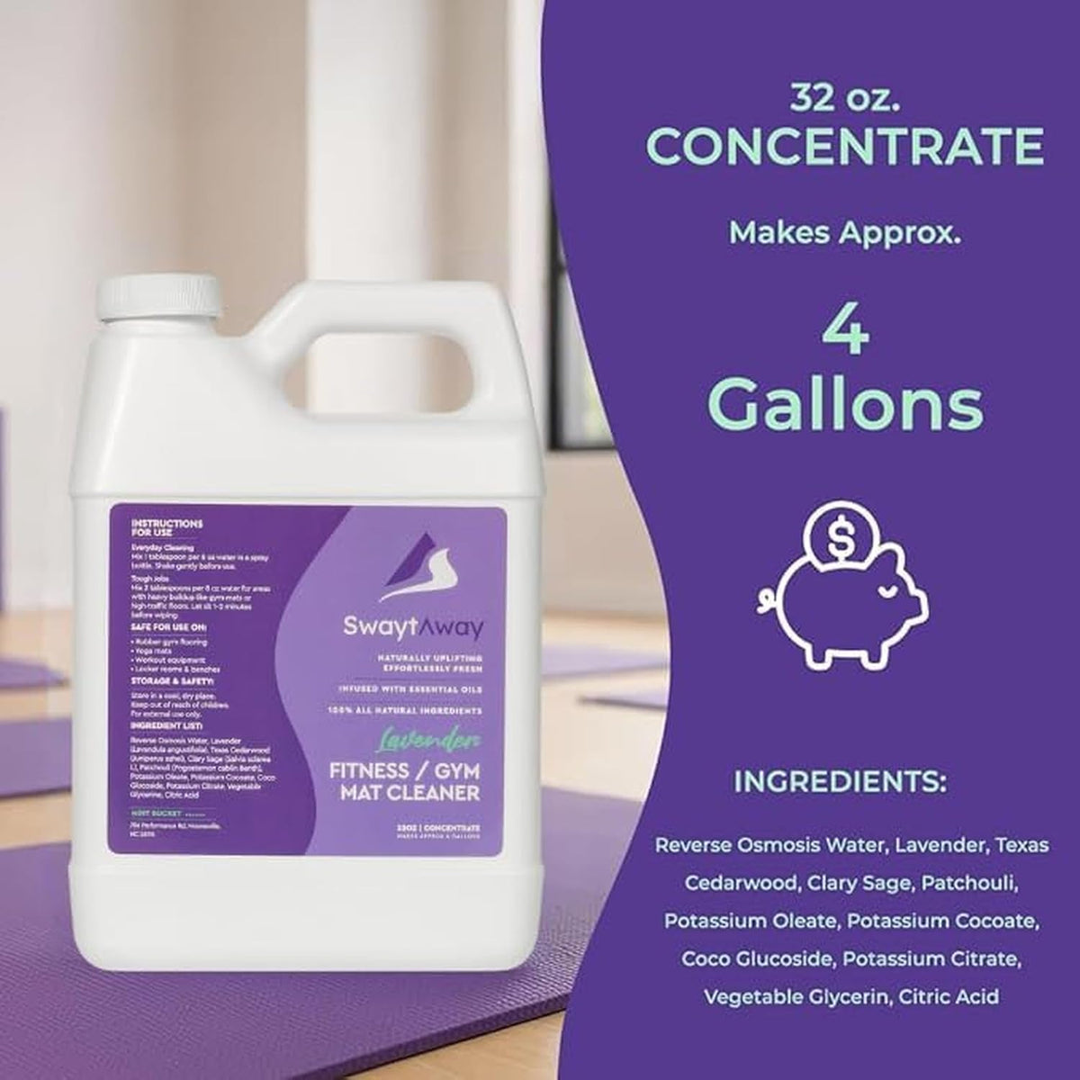 SwaytAway Fitness Mat Cleaner Concentrate – 32oz Lavender Essential Oil Formula – Aromatherapy Yoga Mat Spray for Home & Studio – Makes 4 Gal – Natural Scented Cleaning Solution