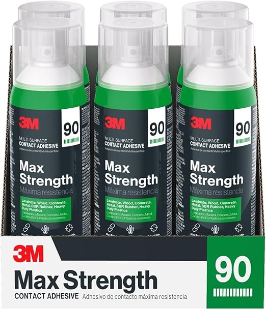 3M Max Strength 90 Contact Adhesive Spray, 12.6 oz (Pack of 6) – Low VOC Heavy Duty Glue with Adjustable Nozzle, Heat & Water Resistant Bond for Metal, Wood, Plastic, Laminate, Concrete