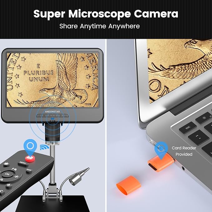 Andonstar AD210 10.1 Inch LCD Digital Microscope for Adults, Soldering Microscope for Electronics Repair, Coin Microscope Camera Full View for Error Coins with Light, Biological Slides Kit, 32G Card