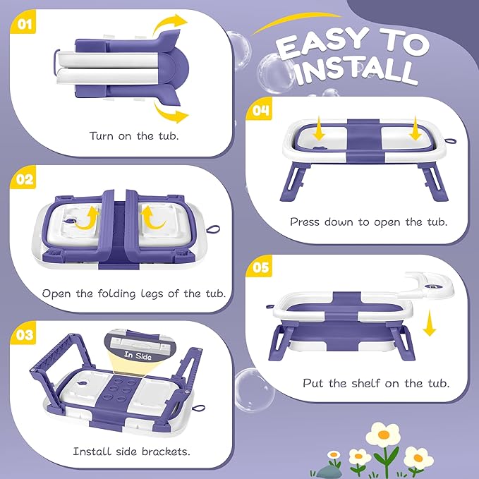 Collapsible Baby Bathtub,Baby Bath Tub with Thermometer & Soft Cushion,Baby Bathtub for Newborn to Toddler 0-36 Months,Portable Travel Baby Tub with No-Slip Feet,Baby Shower Gifts,Lavender