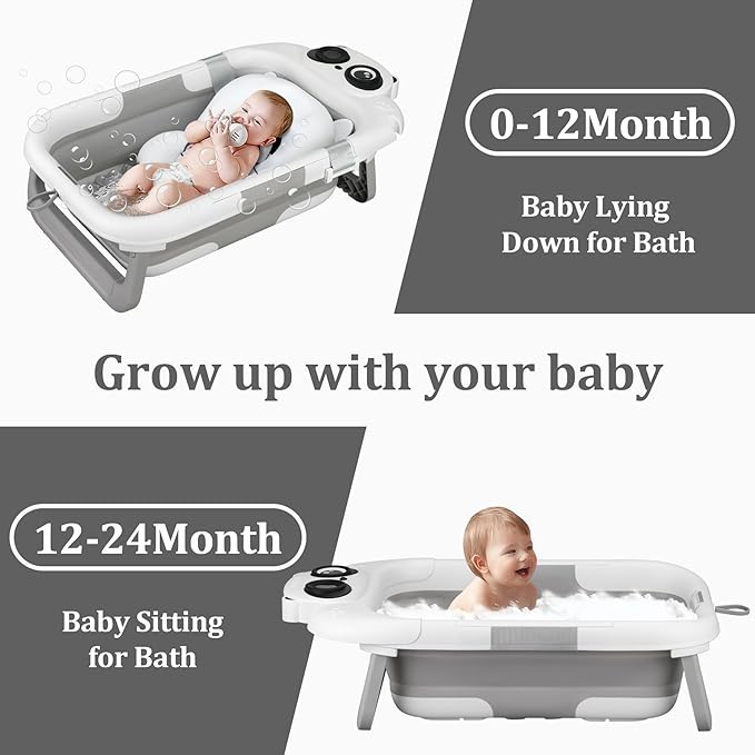 Foldable Baby Bathtub, Lightweight Bathtub for Infants to Toddlers with Soft Cushion & Thermometer, Portable Baby Tub Newborn to Toddler 0-36 Months(Grey)