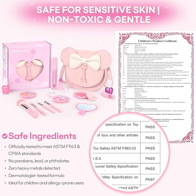 Kids Makeup Kit for Girls - 15 Pcs Real Washable Make Up Set - Non Toxic Toddlers Cosmetic with Letter Mouse Ear Purse - Dress up Birthday Gifts for 3 4 5 6 7 8 Years Old Girls - I