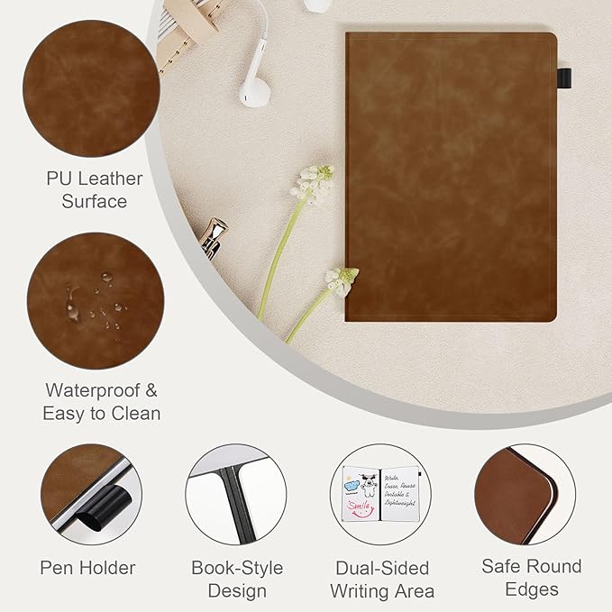 AGM Portable White Board Dry Erase Notebook, 12" x 9" Double Sided Folding Whiteboards with 3 Pens, Small Travel Dry Erase Board Skin-Friendly Material for Study, Meeting, Planning, Brown