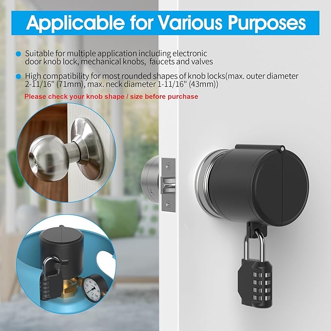 AST Door Knob Lockout Device with Passcode Padlock, Childproof Door Knob Cover, Lock Out to Smart Doorknob. Safety Cover for Faucet, Valve, Spigot. Prevent Access to Keyhole, Matte Black