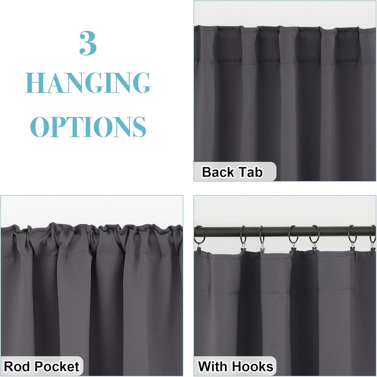 RYB HOME Blackout Curtains for Living Room, Back Tab & Rod Pocket Top Insulating Window Decor for Bedroom Dining Classroom Home Office, W 62 x L 63, Grey, 2 Panels