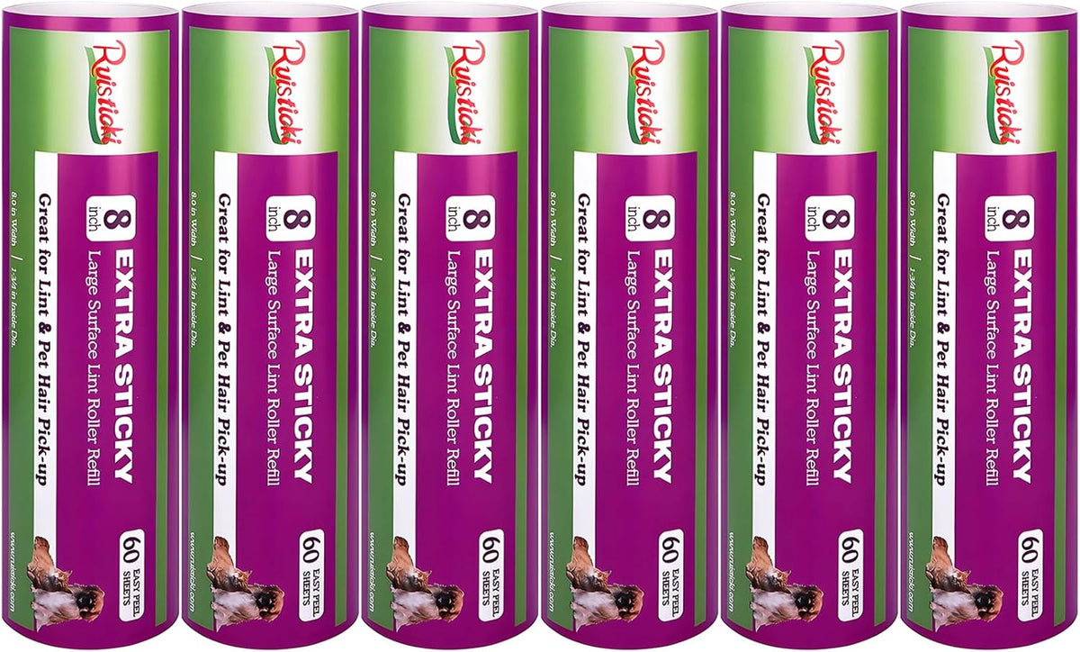 8 inch Large Surface Roller Refill Compatible with Scotch-Brite Pet Hair Pickup Extra Sticky Large Lint Roller Replacement 60 Easy-Tear Adhesive Sheets per Refill Pack of 6 Rolls 360 Sheets Total
