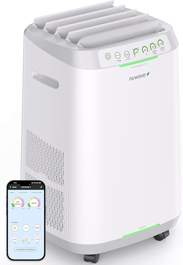 Nuwave OxyPure ZERO Smart Air Purifier, Large Area up to 2,002 Sq Ft, Dual 4-Stage Air Filtration, Adjustable 30°, 60°, 90° Vents, Washable & Reusable Filters for ZERO Waste & Replacements, White
