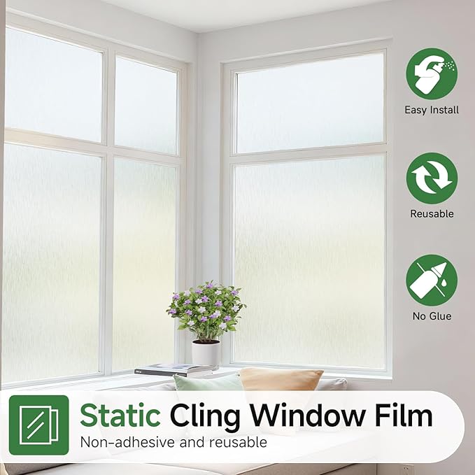 Borsky Frosted Glass Window Film - Static Cling, 96% UV Blocking Non-Adhesive Privacy Window Film, Removable Window Cling with Day & Night Privacy for Bathroom Home Office, 17.5 x 157.4 Inches, Pure