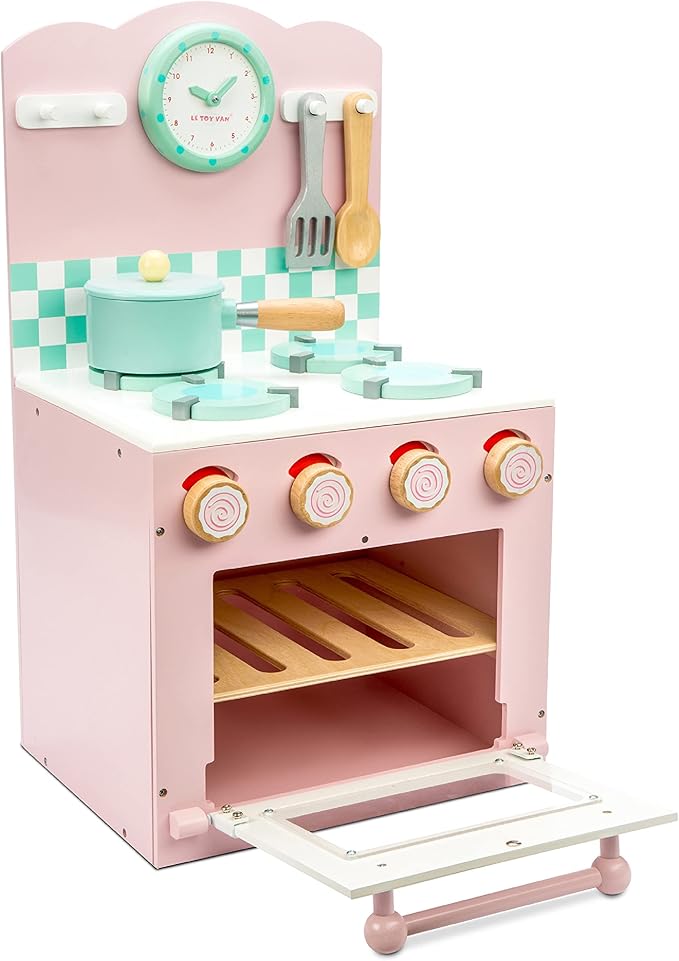 Le Toy Van - Colorful Wooden Honeybake Oven & Hob Pink Set | Wood Pretend Play Kitchen Toy Set | Girls and Boys Role Play Toy Kitchen Accessories