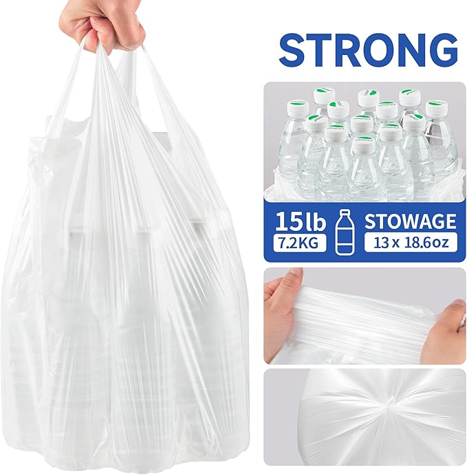 Small Trash Bags with Handles 2.6 Gallon 200 Count White - Ocean Plastic Upcycling - Plastic Garbage Bags, Can Bin & Waste Basket Liner for Kitchen, Bathroom, Office and Pets