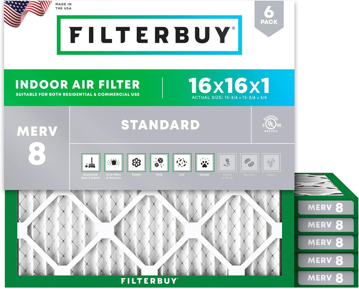 Filterbuy 16x16x1 Air Filter MERV 8 (MPR 700) Dust Defense Replacement (6-Pack), Electrostatic Pleated HVAC AC Furnace Filters, Made in USA (Actual Size: 15.75 x 15.75 x 0.75)