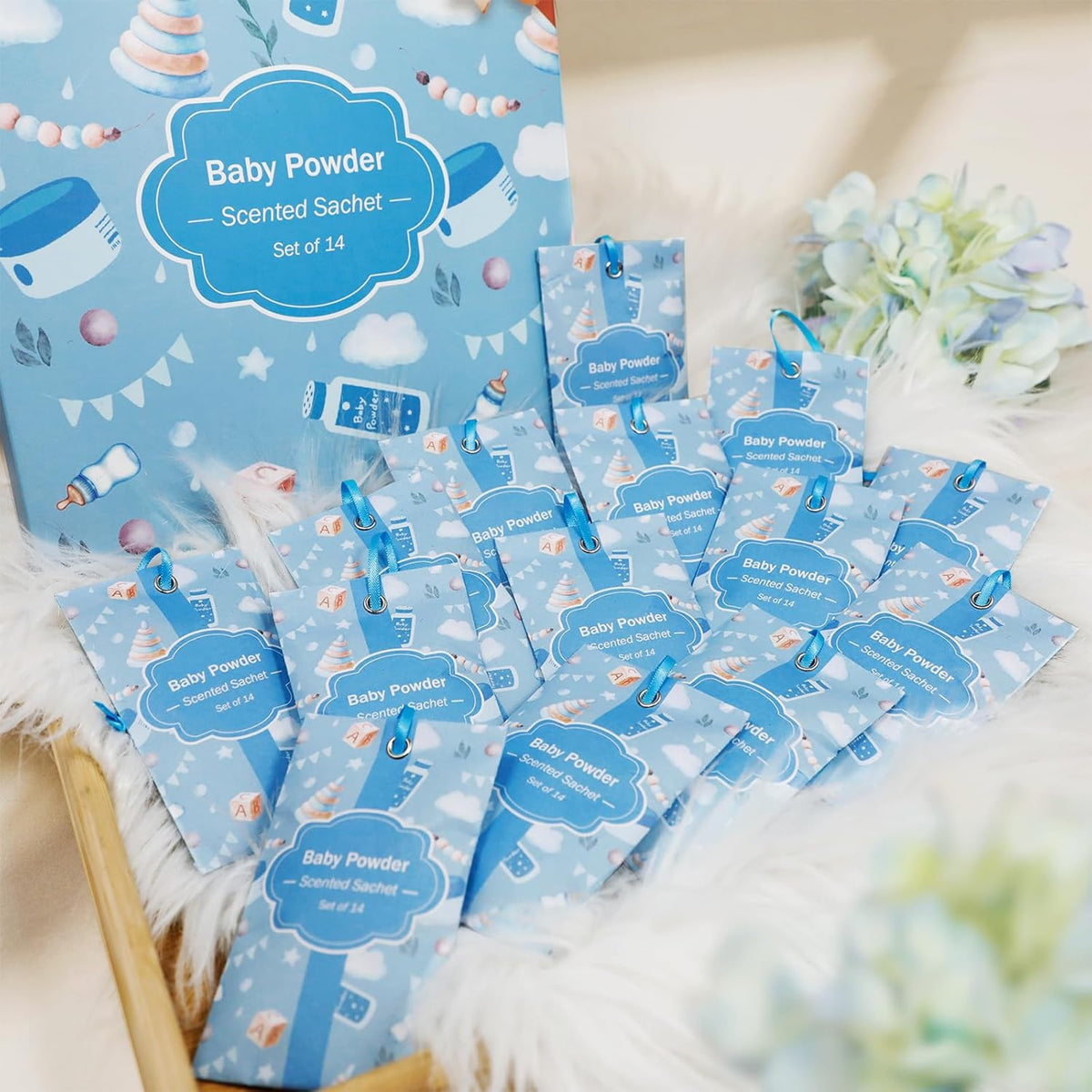 SCENTORINI Scented Sachets for Drawers and Closets, Baby Powder Scent 14 Pack, Long-Lasting Sachets Bags Wardrobe Freshener, for Drawers, Closets, Cars