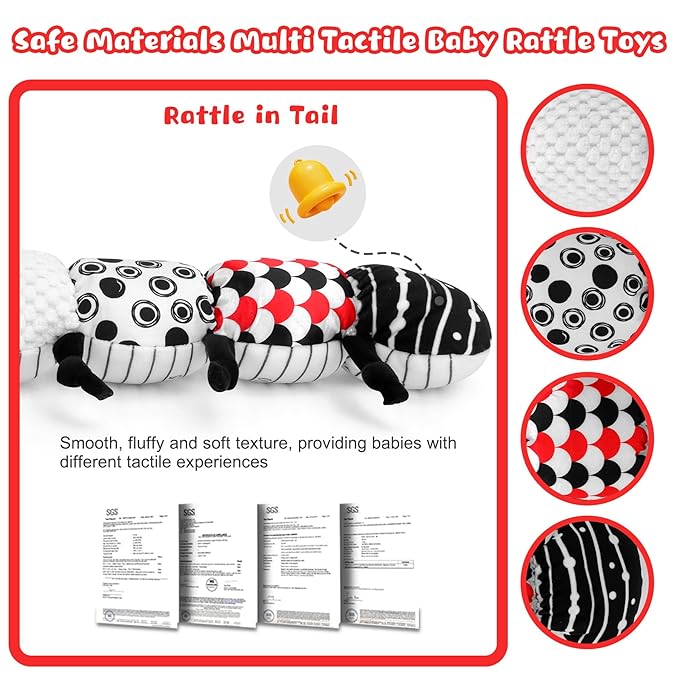 Baby Toys 0-12 Months - Musical Caterpillar Stuffed Animal Soft Plush Toys for Infant Girls Boys 3 6 12 Months Tummy Time Sensory High Contrast Black White Newborn Toys Gifts, W/ Mirror Rattle