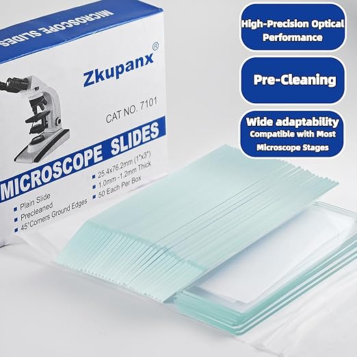 Blank Glass Microscope Slides and Covers - Ground Edges & 45° Clipped Corners, High-Clarity, Pre-Cleaned, 50 Slides & 100 Coverslips, Microscope Accessories for Experiments & Analyses