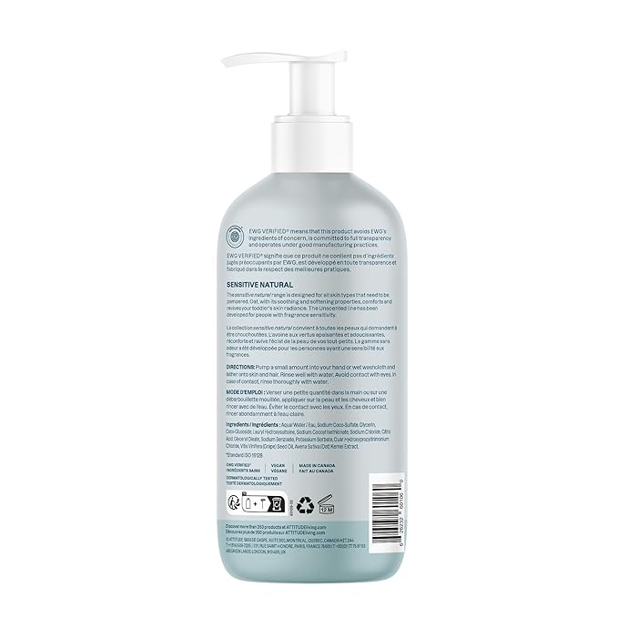 ATTITUDE 2-in-1 Shampoo and Body Wash for Baby, EWG Verified, Plant- and Mineral-Based Ingredients, Vegan Products for Sensitive Skin, Unscented, 16 Fl Oz (Pack of 3)