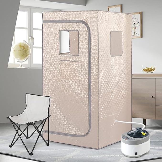 Smartmak Portable Home Steam Sauna, Full Size Personal Sauna Spa Box, Single Saunas Tent with Steamer, 4L 1500W Steam Generator 99 Min Timer, Remote Control, Upgraded Foldable Chair, Mat, Champagne