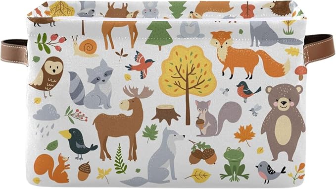 Storage Basket Bin Cute Woodland Animals Organizer Collapsible Shelf Basket Cube with Handle for Nursery Bedroom Bathroom