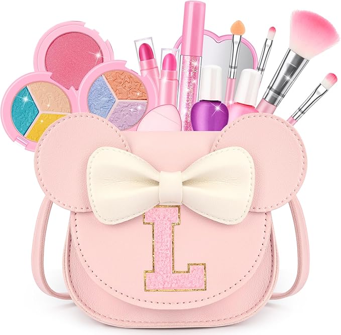 Kids Makeup Kit for Girls - 15 Pcs Real Washable Make Up Set - Non Toxic Toddlers Cosmetic with Letter Mouse Ear Purse - Dress up Birthday Gifts for 3 4 5 6 7 8 Years Old Girls - L