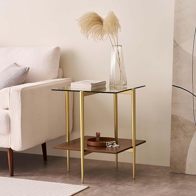 Glass End Table, Mid-Century Modern Design Sofa Table, for Living Room, 2-Tier Structure, Clear Glass Top and Walnut MDF Shelf, Sleek Conical Metal Legs with Gold Finish Frame