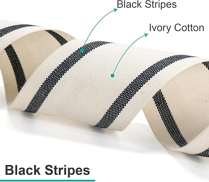 CT CRAFT LLC Ivory Cotton Black Stripes Ribbon 2" x 10 Yards for Home Décor Gift Present Wrapping DIY Crafts Birthday Wedding Bouquet Christmas