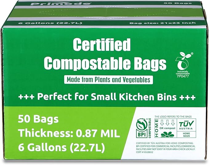 Primode Compostable Bags 6 Gallon Food Scraps Yard Waste Bags, 50 Count, Extra Thick 0.87 Mil. ASTMD6400 Compost Bags Small Kitchen Trash Bags, Certified By BPI And TÜV AUSTRIA