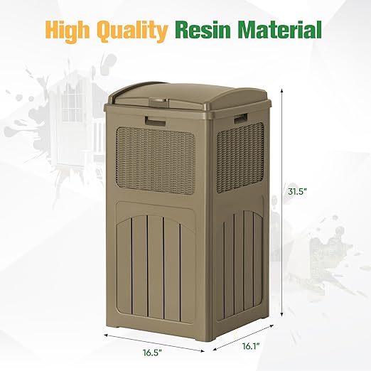 Flamaker 30 Gallon Trash Can, Resin Outdoor Garbage Can with Lid, Waterproof Hideaway Patio Waste Bins for Outside Use (Brown)