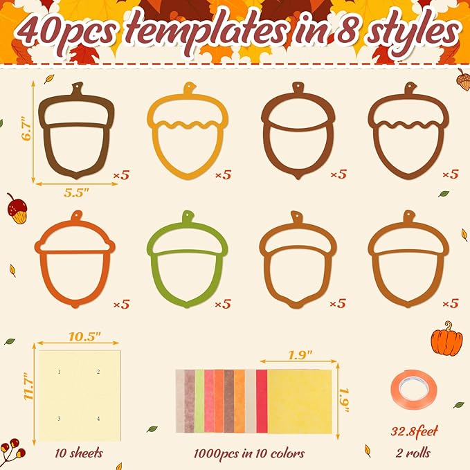 Renbuzhu 40PCS Fall Crafts Bulk: Acorn Paper Suncatchers DIY Kit for Autumn Thanksgiving Activities Decorations, Window Stained Glass Effect Art Supplies