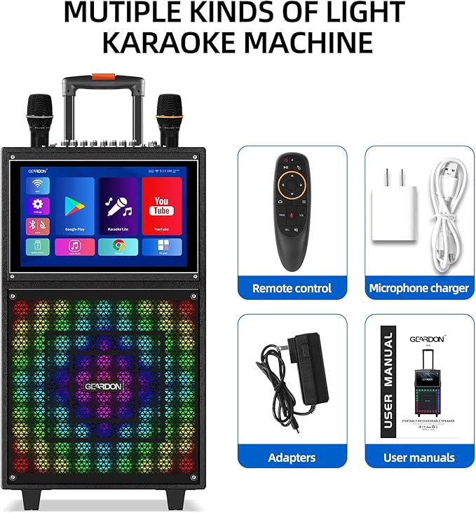 Karaoke Machine with Lyrics Display Screen for Adults, 15 Inches Tablet, Bluetooth Speaker w/ 2 Rechargeable UHF Mics, 1000W Peak Power, DJ Lights, Portable Karaoke System for Any Occasion