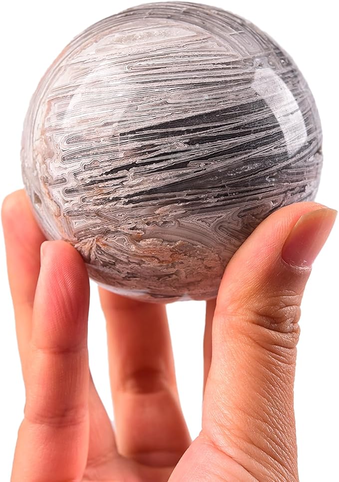 JIC Gem Mexican White Agate Crystal Ball with Wooden Stand White Healing Crystal Sphere Ball for Feng Shui Decor Spiritual Gifts 60-70mm
