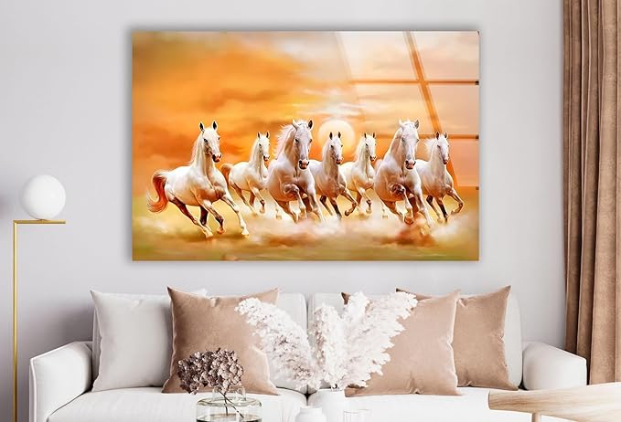 My Photostation.com 20Wx14H'' White Horses Running on Sunset Glass Wall ArtTempered Glass Printing Wall Decor Large Wall Art Wall Hangings