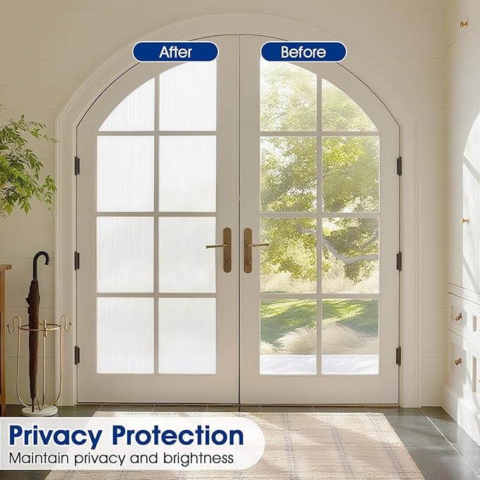Privacy Window Film Static Cling, Frosted Glass Decorative Window Film with 96% UV Blocking, Non-Adhesive Removable Window Cling for Home Office Bathroom, 17.5 x 118.1 Inches, White