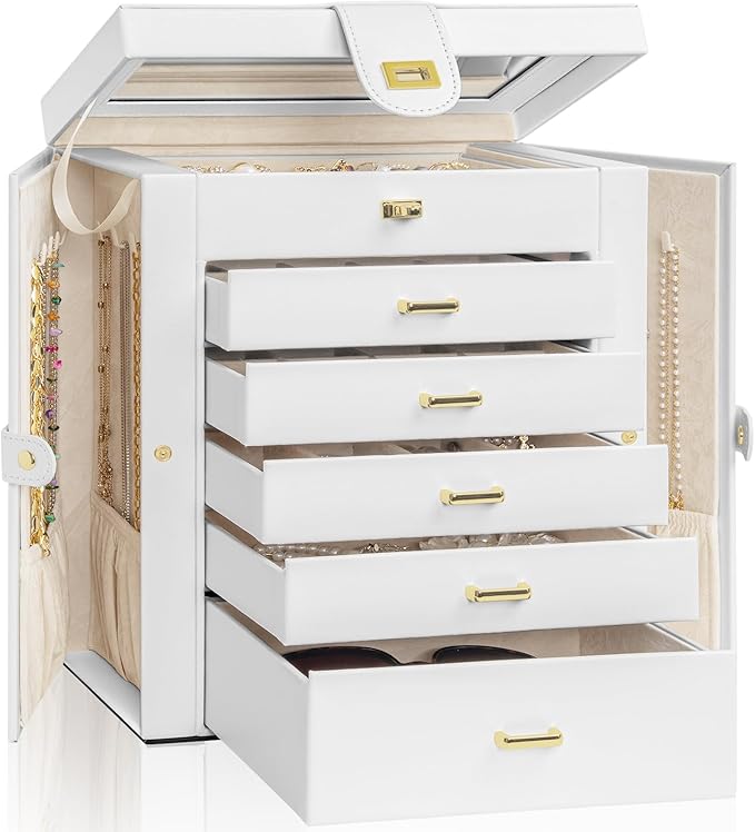 AKOZLIN Large Jewelry Box Organizer Functional with Big Mirror, Leather Jewelry Storage Case for Women Girls Ring Necklace Earring Bracelet Holder Organizer White