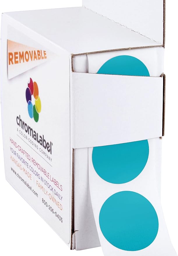 ChromaLabel 1 Inch Round Label Removable Color Code Dot Stickers, 1000 Labels per Dispenser Box, Teal