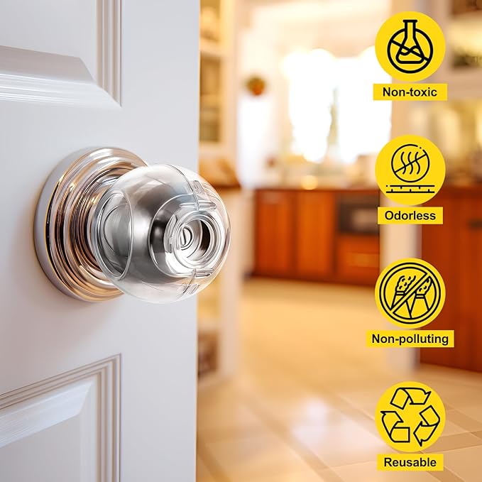 Clear Door Knob Safety Cover for Kids, 4 Pack Child Proof Door Knob Covers Fit More Color Knob Baby Proof Door Knob Covers Toddler Door Knob Cover Child Safety Door Knob Cover 2.7 X 2.3 Inches