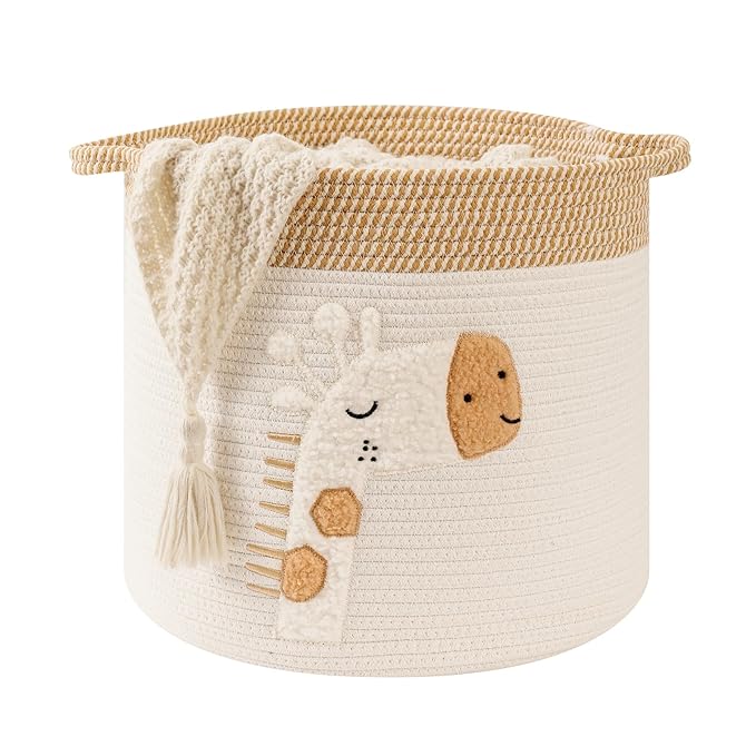 Large Blanket Baskets for Living Room Decor, Toy Storage Baskets Woven Cotton Rope Storage Basket for Kids, Dog Toys Organizer Clothes Hamper with Embroidery Decor for NurseryLaundry (Large, Giraffe)
