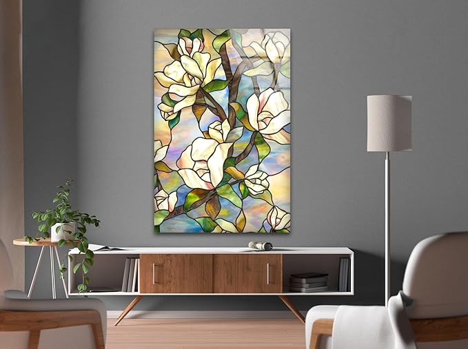 My Photostation.com 24Wx30H'' Stained Magnolia Glass Wall Art Tempered Glass Printing Wall Decor Large Wall Art Wall Hangings