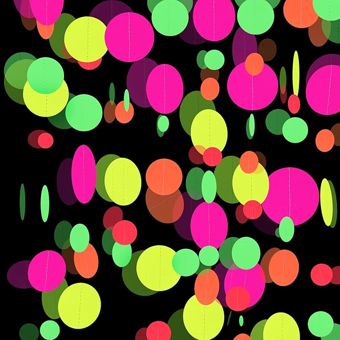 108feet Paper UV Round Dot Neon Garland Blacklight Reactive Glow in The Dark Party Supplies Streamers Glow Fluorescent Hanging Circle Dots Banners for Wedding Birthday Neon Party Decorations