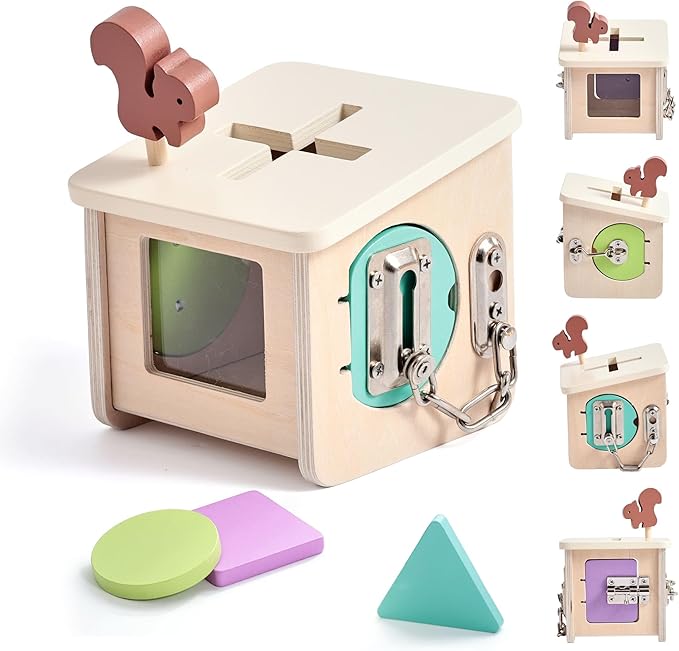 Wooden Lock Box STEM Learning Toys for Kids - Montessori Puzzle Cube with 3 Types of Locks (Hook/Chain/Sliding Bolt), Shape Sorting - Early Educational Fine Motor Skills for Boys & Girls