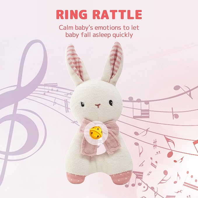 Organic Cotton Stuffed Animal Rattle Baby Toys, Plush Bunny Cuddle Cloth and Hand Grip Ring Rattles Plush Toy Set for Newborns Infant Boys Girls, 2 PCS
