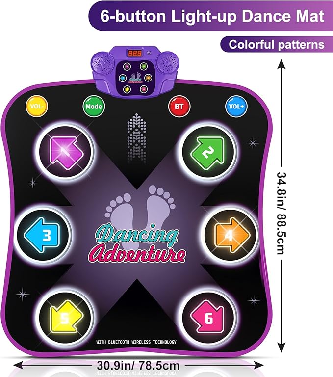 Flooyes Dance Mat Toys for 3-12 Year Old Kids, Electronic Dance Pad with Light-up 6-Button Wireless Bluetooth, Music Dance with 5 Game Modes, Birthday Toys Gifts for 3 4 5 6 7 8 9 10+ Year Old Girls